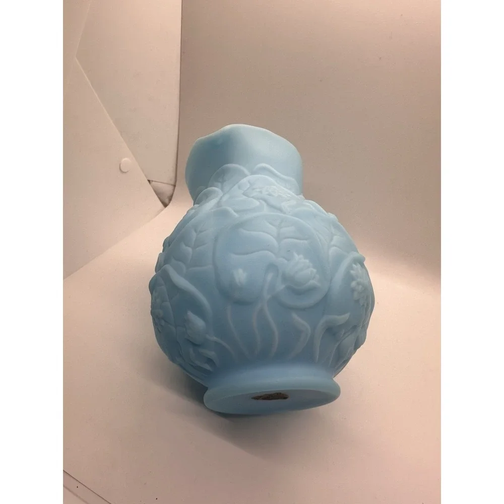 Vintage Fenton Blue‎ Satin Glass Water Lily Pattern Pitcher